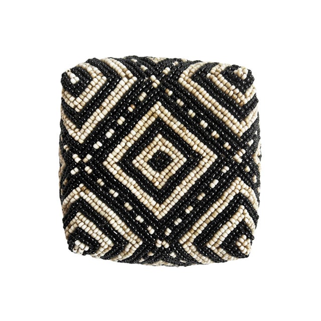 Beautiful vintage hand beaded accessory box made from woven bamboo and intricately covered with geometric design of tan...