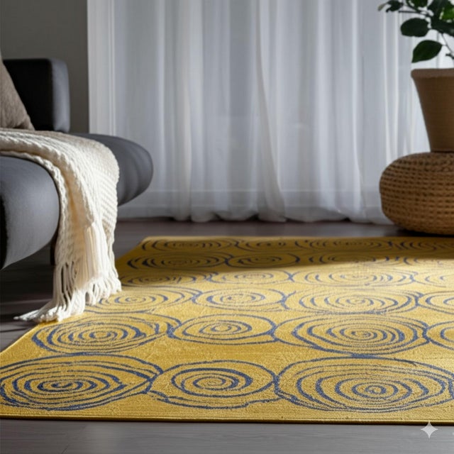 6x9 Stylish Iris Goldenrod Kilim Fluid Spirals Modern Handwoven Wool Carpet Rug For Sale - Image 4 of 7