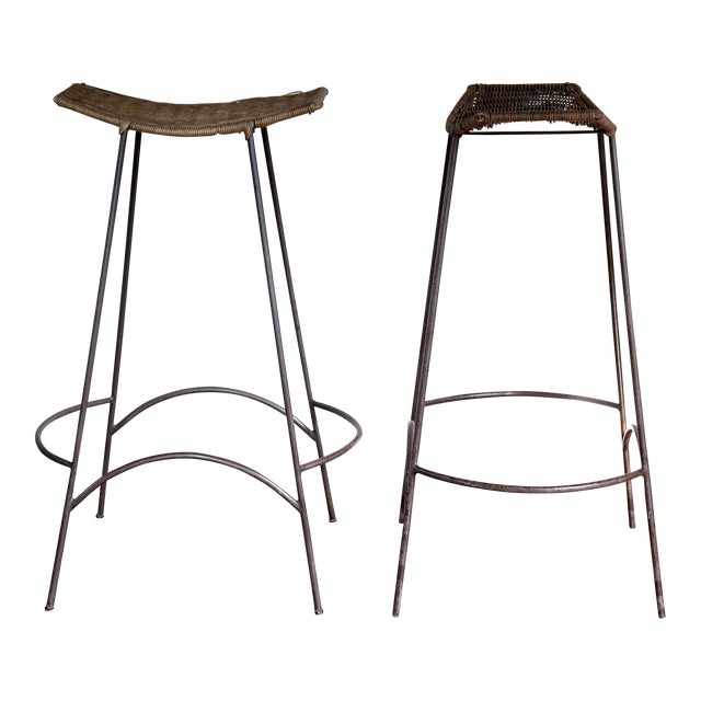 1980s Vintage Wicker Armless Snowshoe Bar Stools - a Pair For Sale