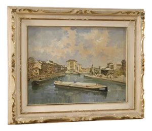 Italian Artist, Landscape View of River with Boats, 1960, Mixed Media on Masonite