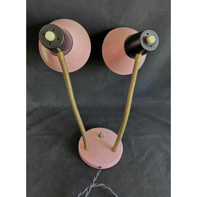 1950s Mid-Century Modern Dual Gooseneck Desk Lamp; Pink and Black Metal Cones For Sale In Oklahoma City - Image 6 of 14