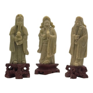 Trio of Ancient Chinese Wise Men - Antique Soapstone Carved Figures For Sale