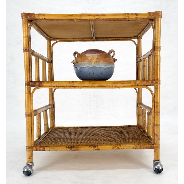 Mid Century c1970s Bamboo 3 tier Side End Table Stand on Wheels MINT For Sale - Image 10 of 13