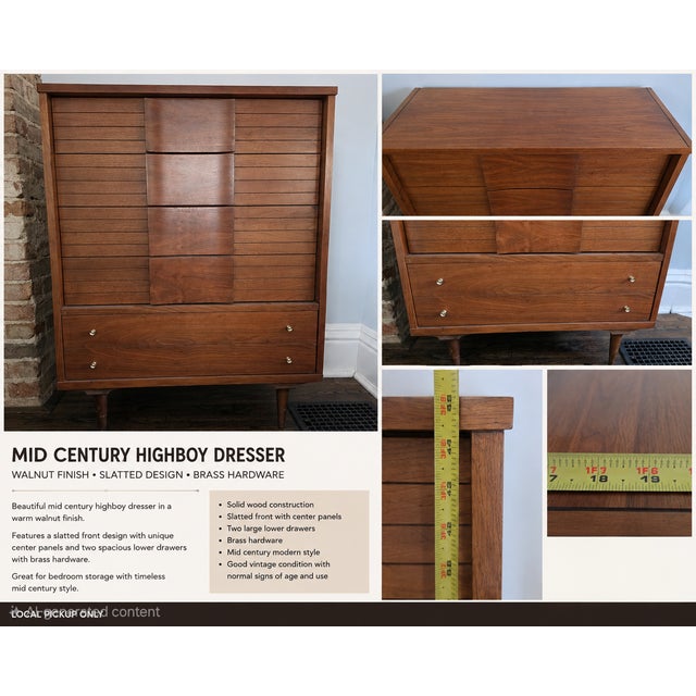 Mid-Century Modern Walnut Highboy Dresser With Sculptural Slatted Front Striking vintage Mid-Century Modern highboy...