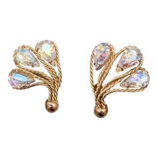 Vintage 1950s Signed Napier Goldtone Aurora Borealis Clip Earrings-2 Pieces For Sale
