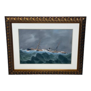 s.s. Livornese in Heavy Seas — Antique Marine Gouache Steam Sail Ship Portrait, Attributed to Luca Papaluca (Italian, 1890–1934) For Sale