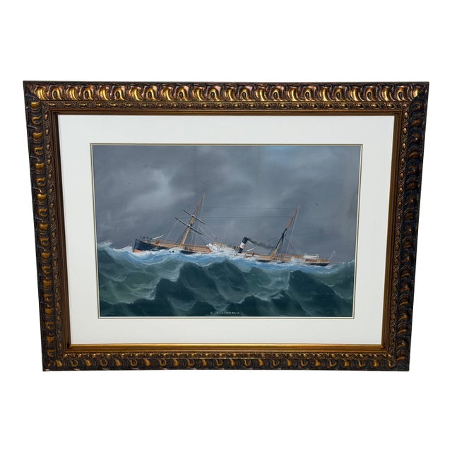 s.s. Livornese in Heavy Seas — Antique Marine Gouache Steam Sail Ship Portrait, Attributed to Luca Papaluca (Italian, 1890–1934) For Sale
