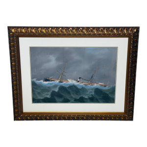s.s. Livornese in Heavy Seas — Antique Marine Gouache Steam Sail Ship Portrait, Attributed to Luca Papaluca (Italian, 1890–1934)