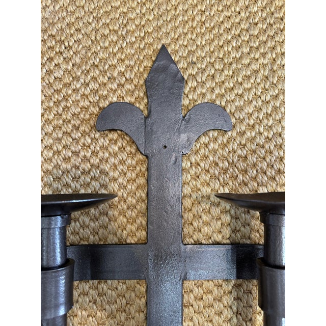 Stunning vintage Fleur de Lis French style, handhammered solid iron double candle sconce.