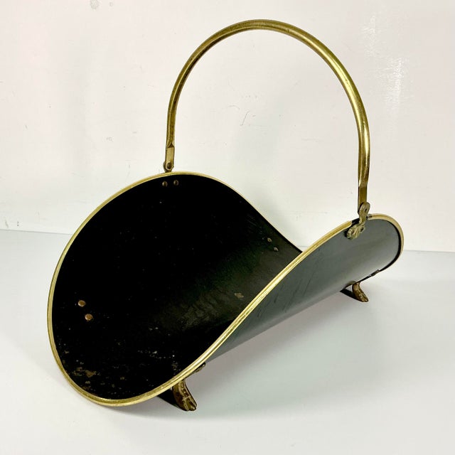 Mid-Century Arts & Crafts Federal Americana Black & Brass Firewood Holder With Paw Feet For Sale - Image 10 of 11