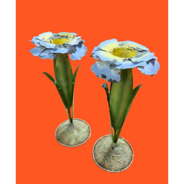 Metal Mid 20th Century Italian Tole Flowers Botanical Candle Holders, a Pair For Sale - Image 7 of 9