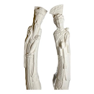 Vintage 22" Chinese Emperor & Empress Chalkware Statues - White Mid Century, A Pair For Sale