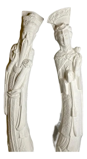 Vintage 22" Chinese Emperor & Empress Chalkware Statues - White Mid Century, A Pair
