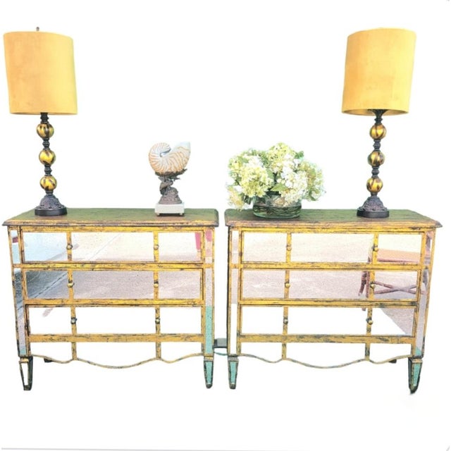 Oversized Mirrored Scalloped Edge Gold Leaf French Style 3 Drawer Chests Commodes- A Pair For Sale - Image 17 of 17