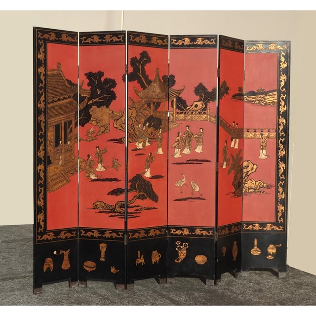 Asian 84"Tall Vintage Six Panel Oriental Asian Red Folding Screen Room Divider Palace For Sale - Image 3 of 18