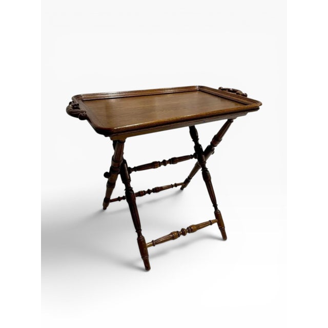 1930s English Oak Butler’s Tray Table With Turned Folding Base For Sale - Image 4 of 11