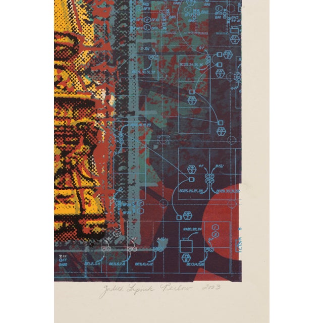 A color serigraph depicting a classical column rendered in red and gold tones against a layered blue and green ground with...