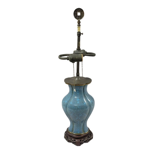 Antique Lobed Blue Cloisonne Table Lamp For Sale