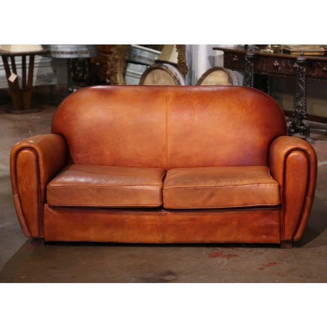 Art Deco Early 20th Century French Art-Deco Brown Leather Two-Seat Club Sofa For Sale - Image 3 of 11