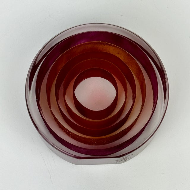 Purple 1980s Signed Vintage Modern Round Around Art Glass Sculpture With Layered Ribbons of Deep Orange & Purple For Sale - Image 8 of 10
