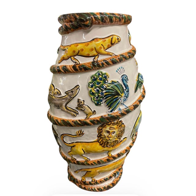 Vintage Italian Style Majolica Relief Animal Spiral Vase For Sale - Image 4 of 10