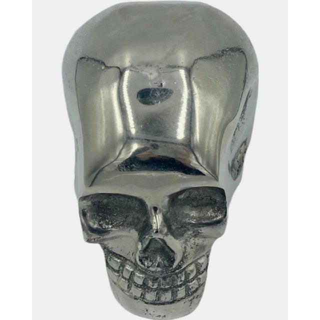 Vintage Small Silver-Tone Metal Skull Desk Tabletop Paper Weight For Sale - Image 10 of 12