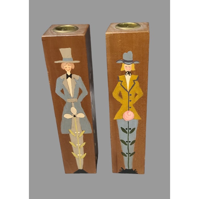 Vintage Pair of Hand Painted Wood Pennsylvania Dutch Figural Floral Candlesticks For Sale - Image 4 of 9