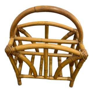 1970s Calif-Asia Rattan Bamboo Chinese Chippendale Boho Tiki Magazine Rack Stand For Sale