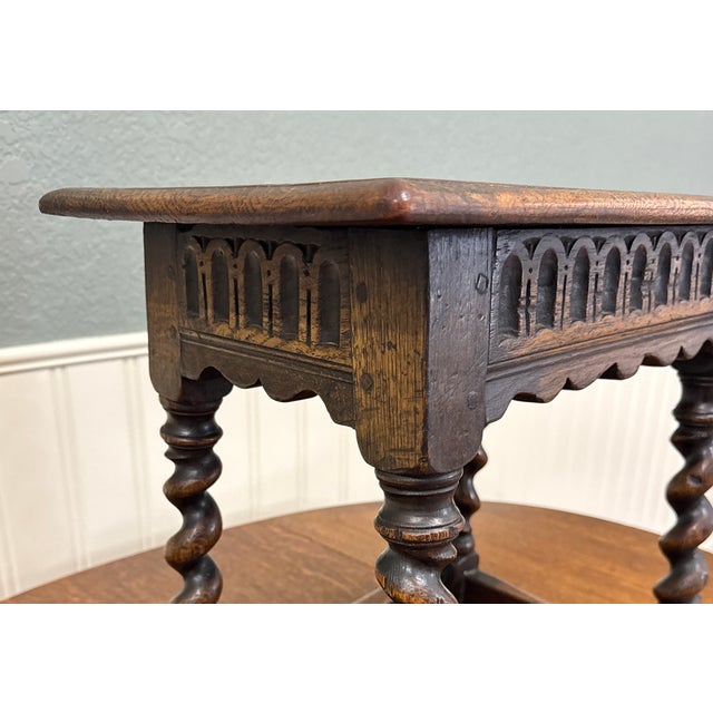 Brown Antique English Footstool Bench Stool Joint Stool Barley Twist Carved Oak c.1900 For Sale - Image 8 of 16