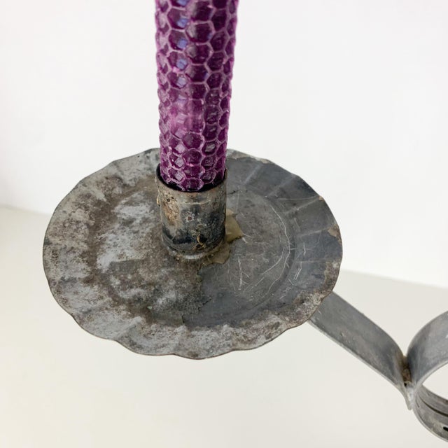 Late 19th Century Early Antique Primitive Tin Candle Holder Adjustable Double Arm Conical Base For Sale - Image 5 of 12