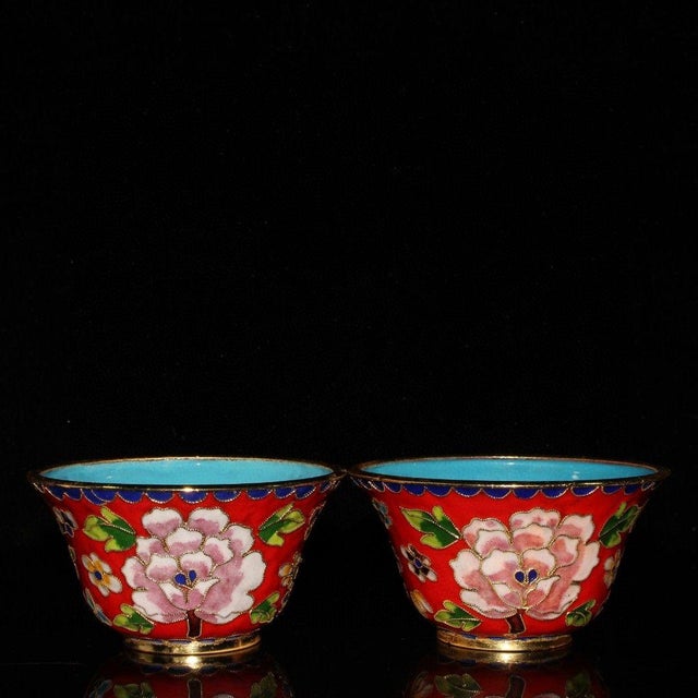1970s Pair of Vintage Chinese Cloisonné Enamel Bowls With Peony Motif For Sale - Image 5 of 9