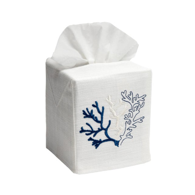 Midnight Blue Coral Tissue Box Cover White Linen & Cotton, Embroidered For Sale - Image 4 of 4