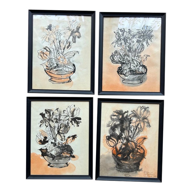 1967 Impressionist Style Set of 4 Pen & Ink Watercolors of Flowers For Sale