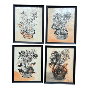 1967 Impressionist Style Set of 4 Pen & Ink Watercolors of Flowers