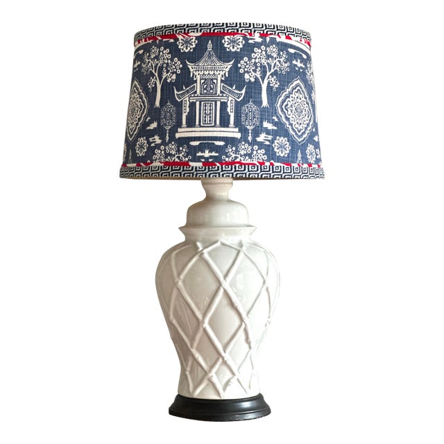 Vintage White Ceramic Bamboo Patterned Lamp With Fabric Shade For Sale