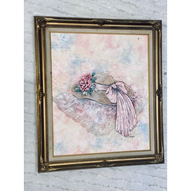 Vintage Floral Hat Wall Art Signed Cooper Textured Mixed Media Framed Artwork For Sale - Image 4 of 11