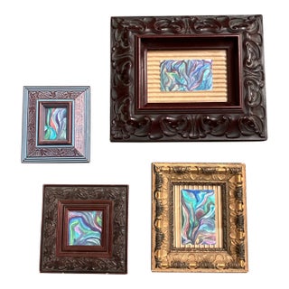 1970’s 4 Vintage Abstract Small Watercolor Paintings Fancy Frames Set of 4 For Sale