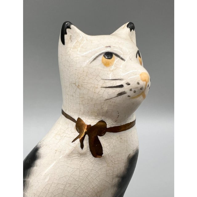 Victorian Antique Black & White Cat Figurine on Blue Base – Staffordshire Pottery Style For Sale - Image 3 of 12