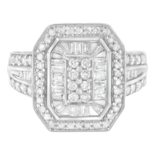 .925 Sterling Silver Round and Baguette Diamond Cathedral Ring, Size 7 For Sale