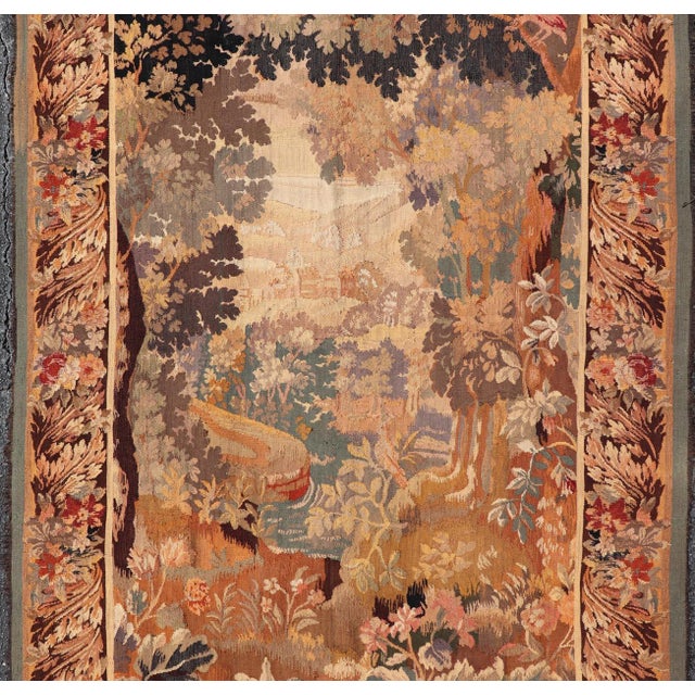 Measures: 4'9 x 7'2 Antique French Verdure Tapestry with Woodland Landscape and Swan Design. Keivan Woven Arts / rug...