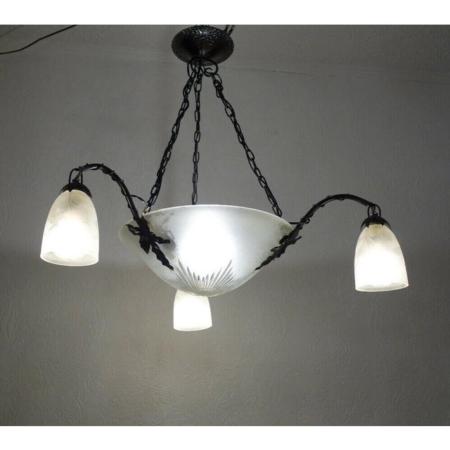 Antique Art Nouveau French Metal and Glass 4-Light Chandelier, 1890s For Sale - Image 6 of 10