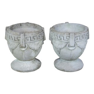Antique Concrete Grecian Greek Key & Grape Garden Flower Planters - a Pair For Sale