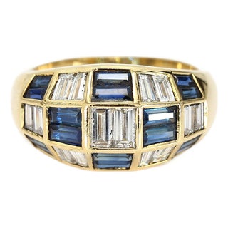 18k Yellow Gold Ring With Blue Sapphire & Diamond Baguette Checkerboard - Size 6 For Sale