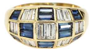 18k Yellow Gold Ring With Blue Sapphire & Diamond Baguette Checkerboard - Size 6
