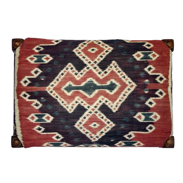 Salmon 1920s Antique Wooden Bench With Antique Iktat Fabric For Sale - Image 8 of 9