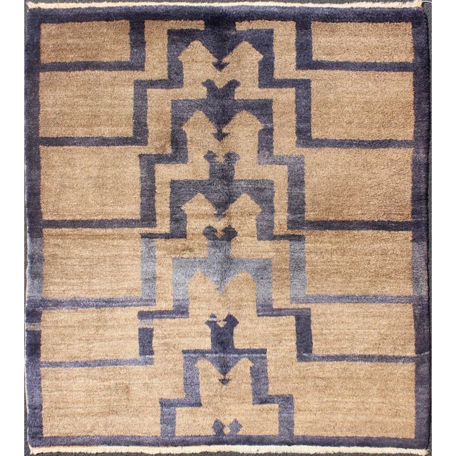 Mid 20th Century Square Mid-Century Modern Turkish Tulu With Tribal Pattern in Blue and Tan Rug For Sale - Image 13 of 13
