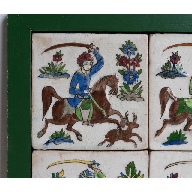 Set of Six Antique Persian Qajar Tiles Depicting Hunters on Horseback, 19th Century For Sale - Image 4 of 14