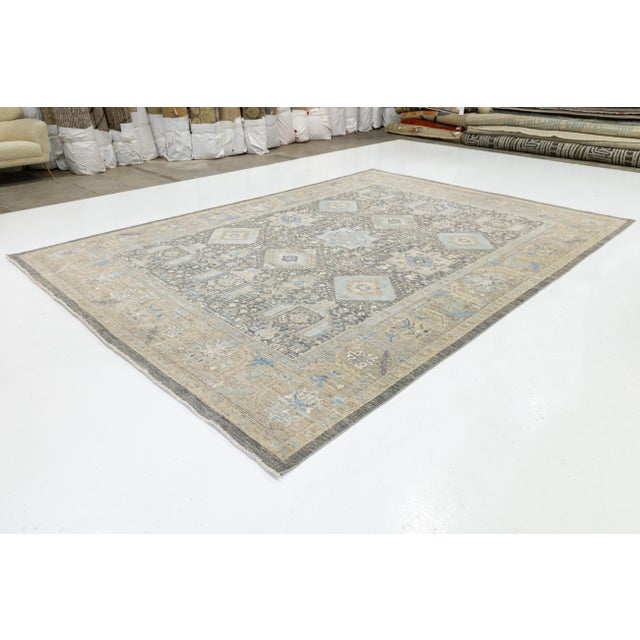 2020s Modern Tabriz Style Wool & Silk Area Rug – Slate Grey & Sky Blue Geometric 10x14 For Sale - Image 5 of 11