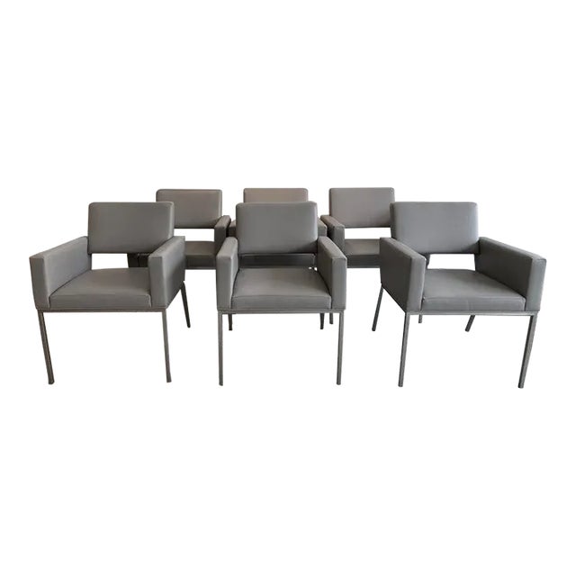 1980s-90s Brueton Gray Leather Arm Chairs - Set of 6 For Sale