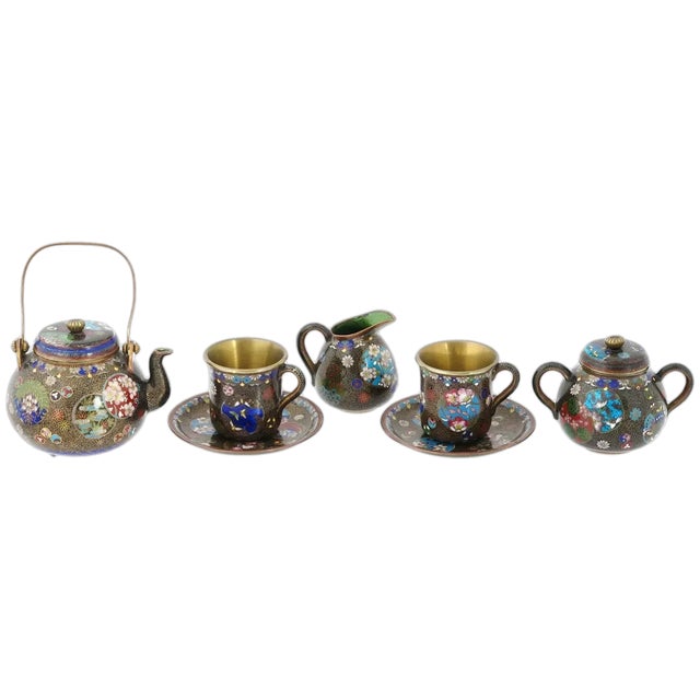 Antique Meiji Era Japan Cloisonne Enamel Tea Set- 7 Pieces For Sale